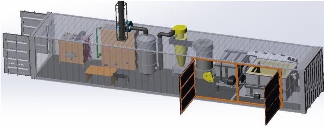 Unidad incineradora móvil DIALLD BIO ENERGY DB fabricada sobre la base de un contenedor marítimo estándar